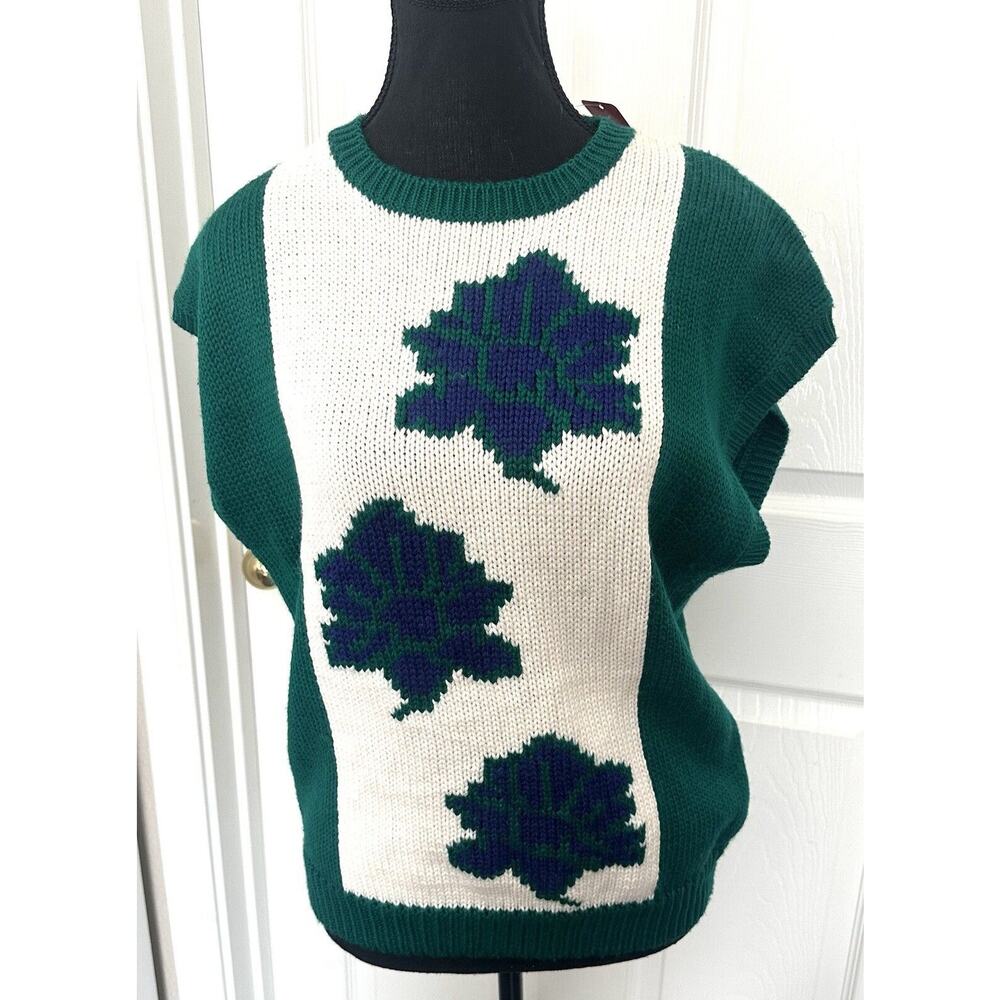Womens Vintage 80s Green Blue Floral Knit Sweater Best Size Large